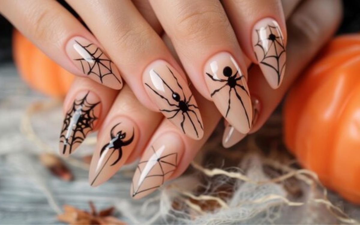 Natural French Tips with Celestial Spiders: